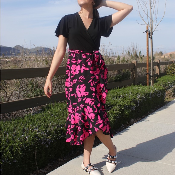 Amazon Dresses New Floral Pink And Black Amazon Wrap Dress Poshmark